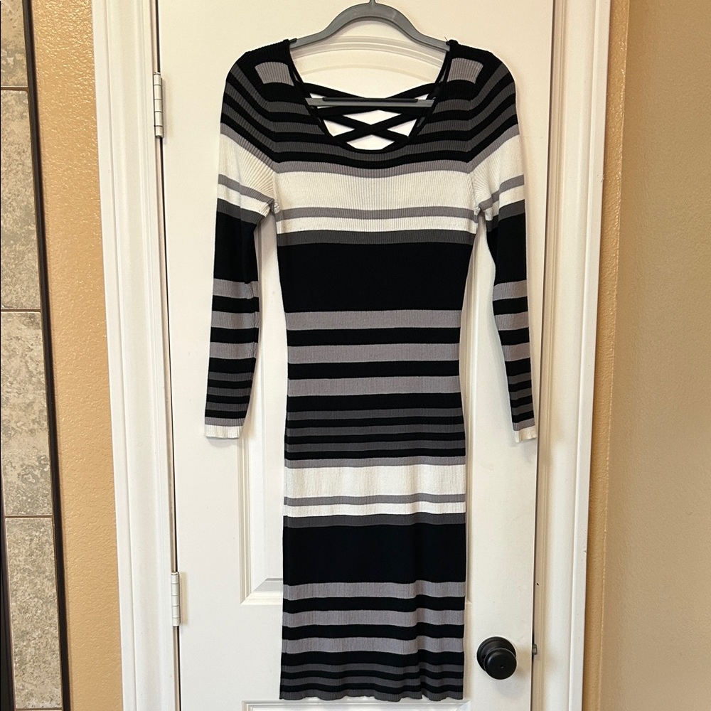 Derek Heart Black, White, and Gray Striped Long Sleeve Sweater Dress.